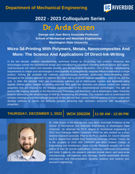 Dr. Arda Gozen Seminar Flyer on Thursday, December 1, 2022, in WCH 205/206 at 11 am to 12 pm